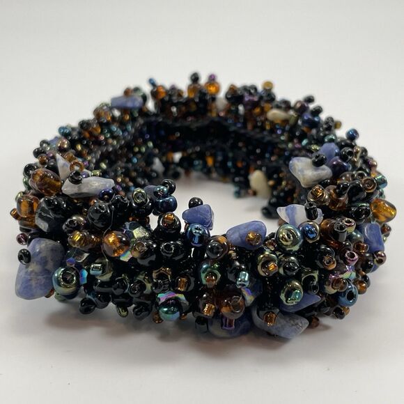 Statement Chunky Seed Bead Sodalite Stone Chips Stretch Boho Bracelet 6.5” - Picture 3 of 5